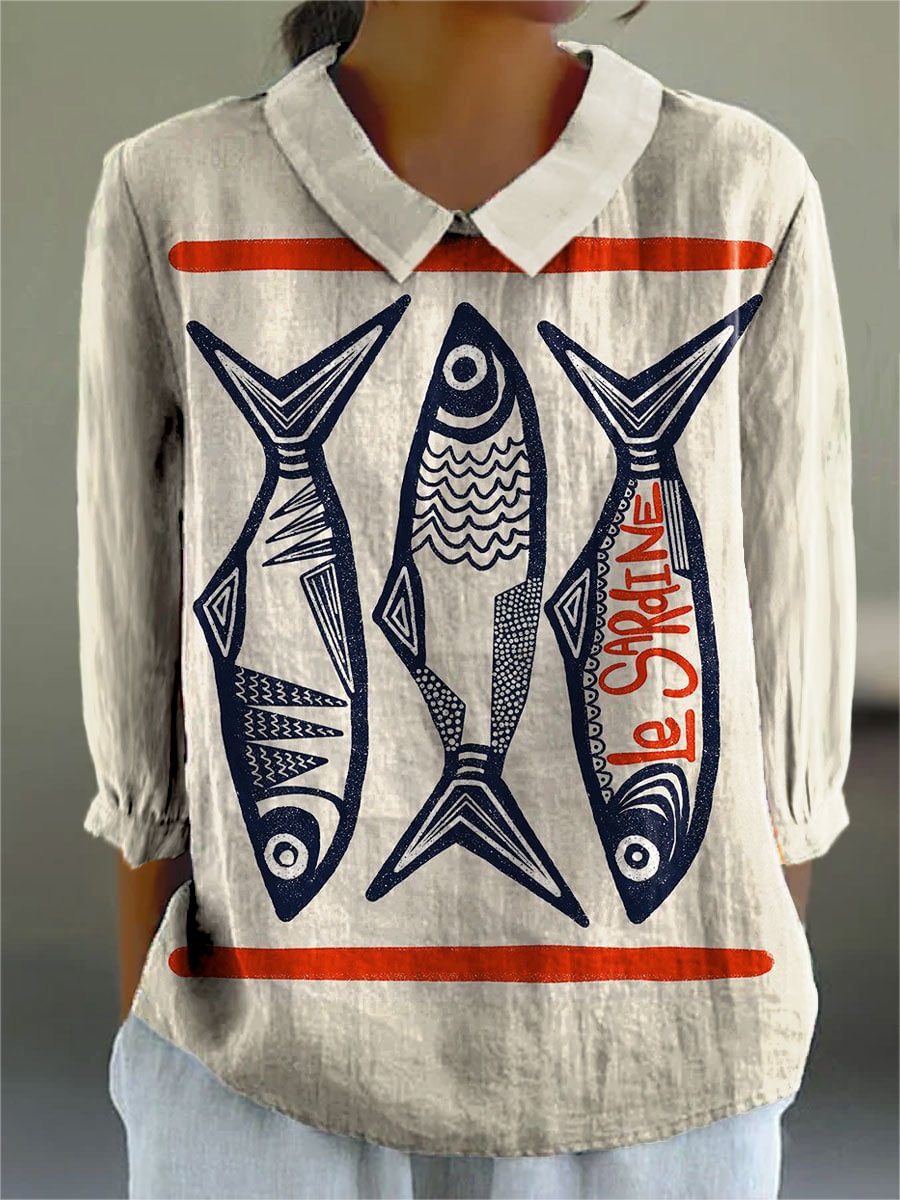 Women's Vintage Fish Art Print Casual 3/4 Sleeve Shirt