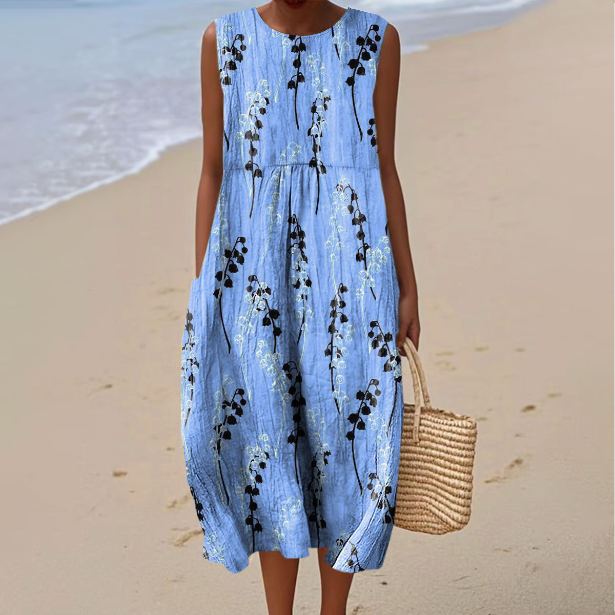 Women's Vintage Flower Art Print Sleeveless Cotton Pocket Wrap Dress