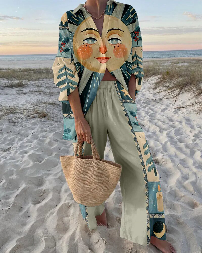 Holiday Sun Face Print Two-Piece Set