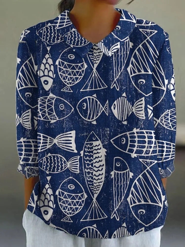 Women's Vintage Fish Art Print Casual 3/4 Sleeve Shirt