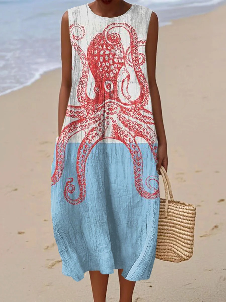 Women's Vintage Octopus Art Print Sleeveless Linen Pocket Wrap Dress