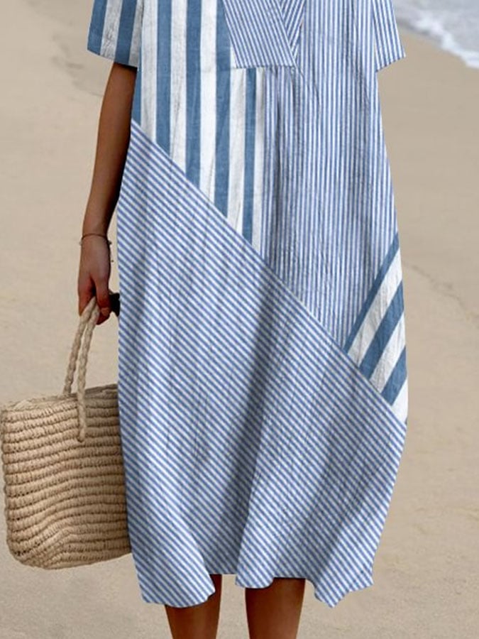 Women's Casual V Neck Striped Print Color Block Dress