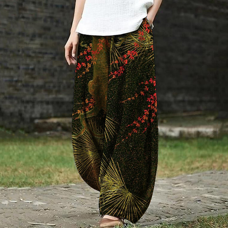 Japanese Pine Needle & Flower Pattern Women's Linen Loose Pants