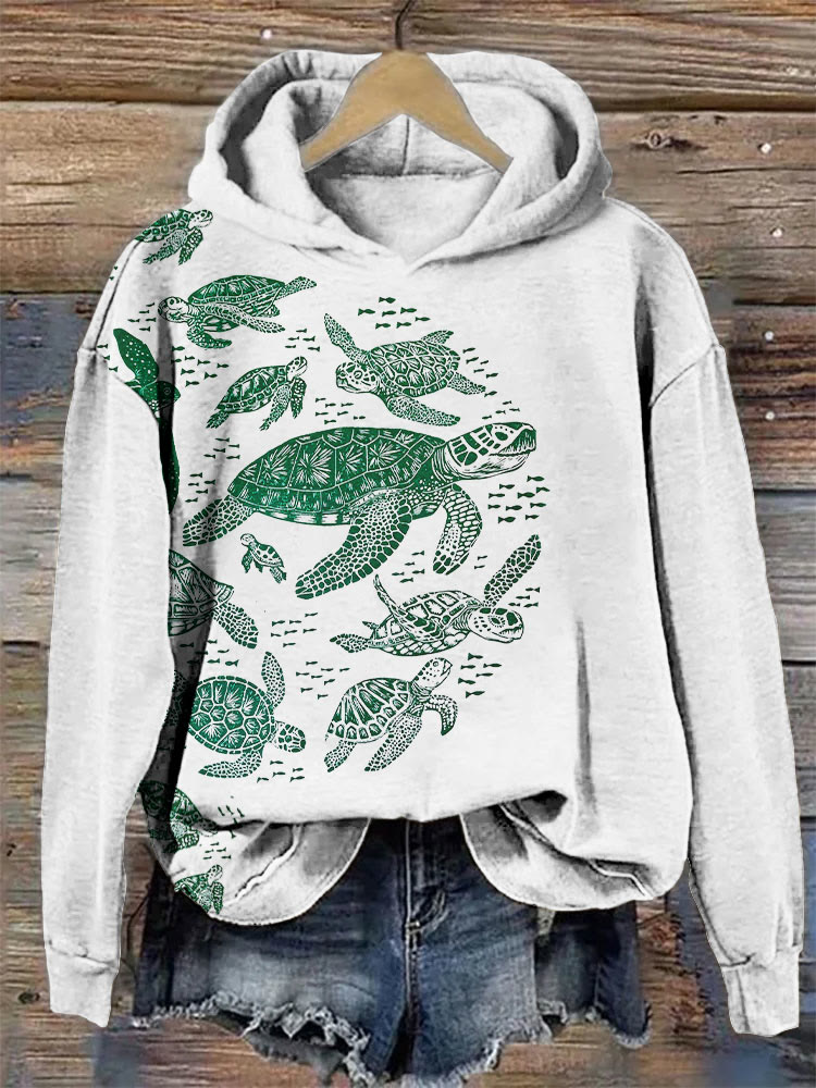 Simple Line Drawing Sea Turtle Print Casual Hoodie