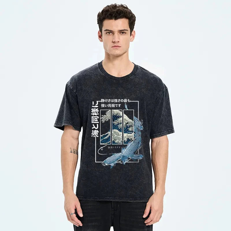 Ukiyoe Waves And Fish Washed T-Shirt