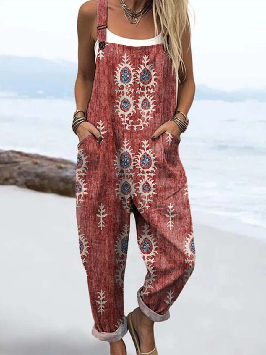 Women's Vintage Floral Pattern Art Print Casual 100% Cotton Wide Leg Jumpsuit