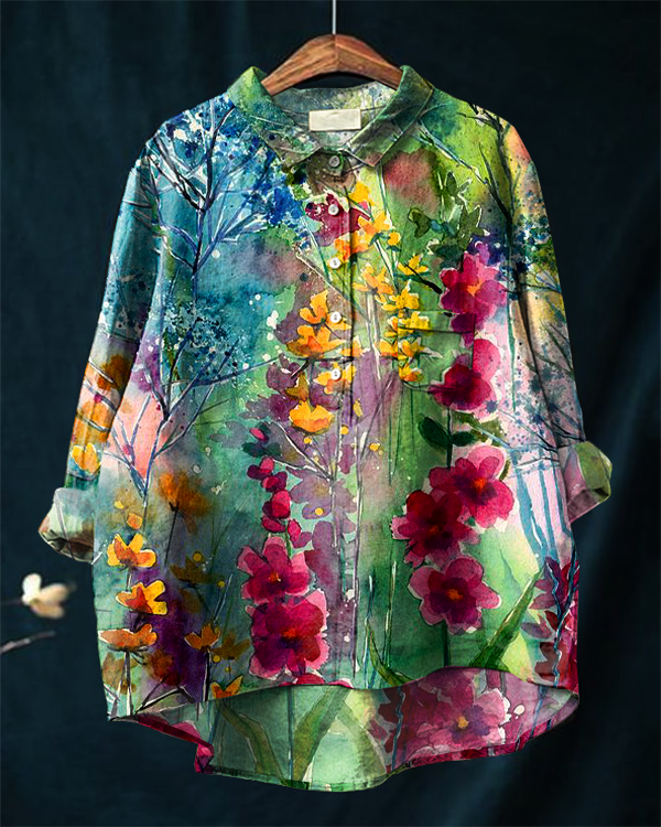 Vintage Art Floral Print Casual Cotton and Linen Shirt