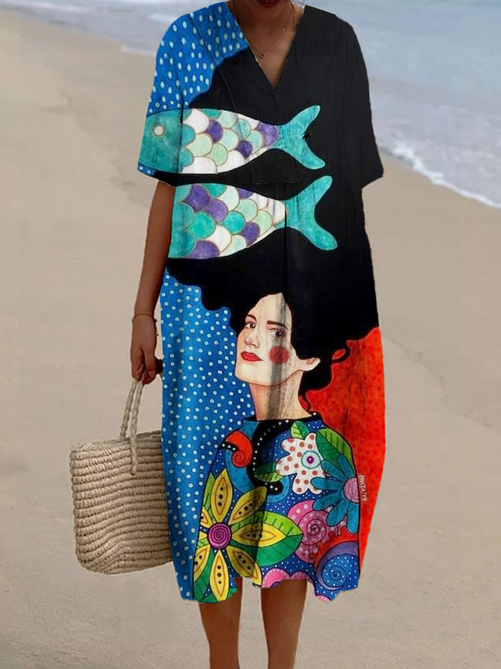 Women's Retro Abstract Colorblock Girls Fish Print Casual Cotton And Linen Dress