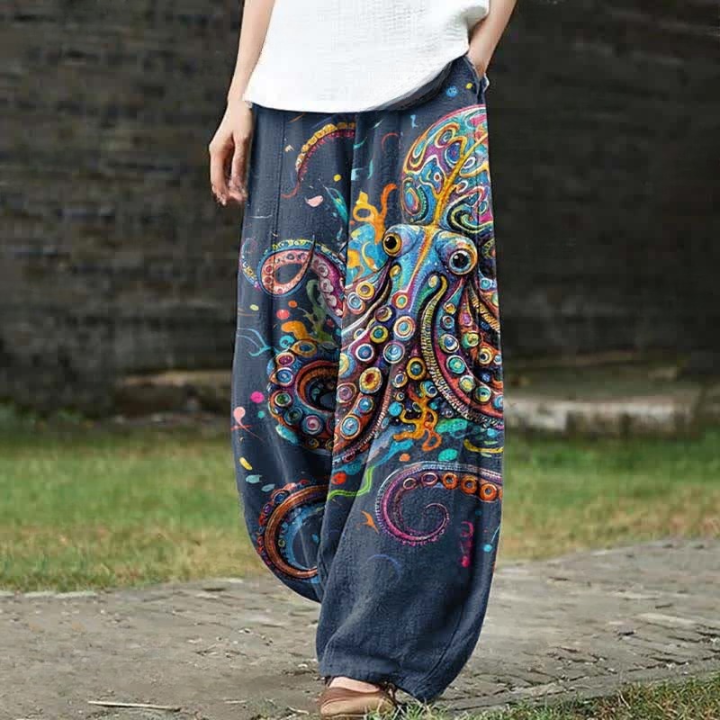 Vintage Rainbow Octopus Art Print Casual Pants