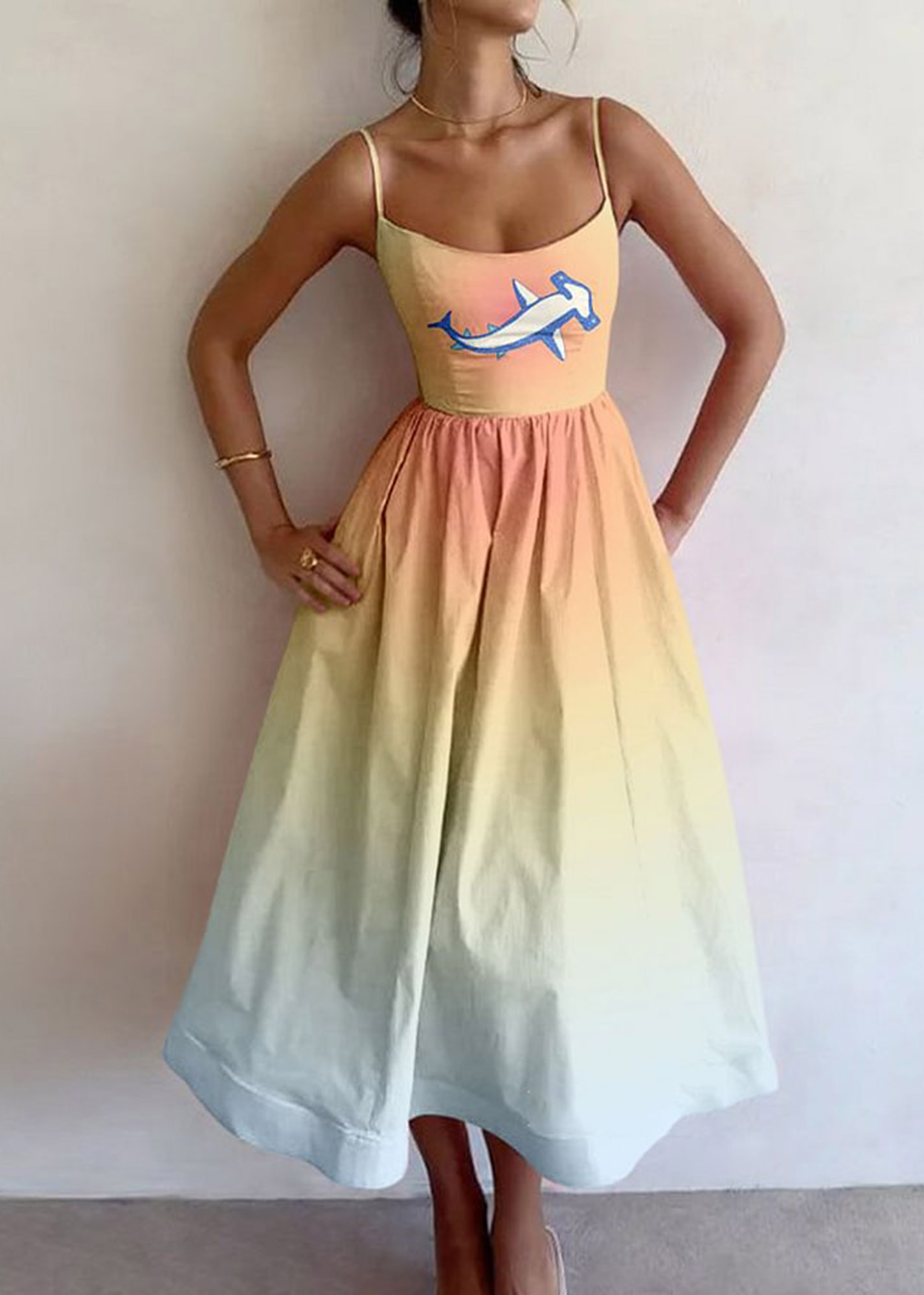 Gradient Color Shark Printed Slip Dress