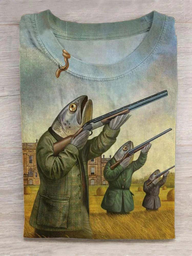 Vintage Fish Print Round Neck Short Sleeve Men's T-Shirt