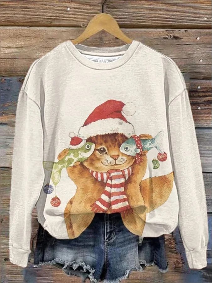Funny Christmas Cat Fish Art Pattern Print Casual Sweatshirt