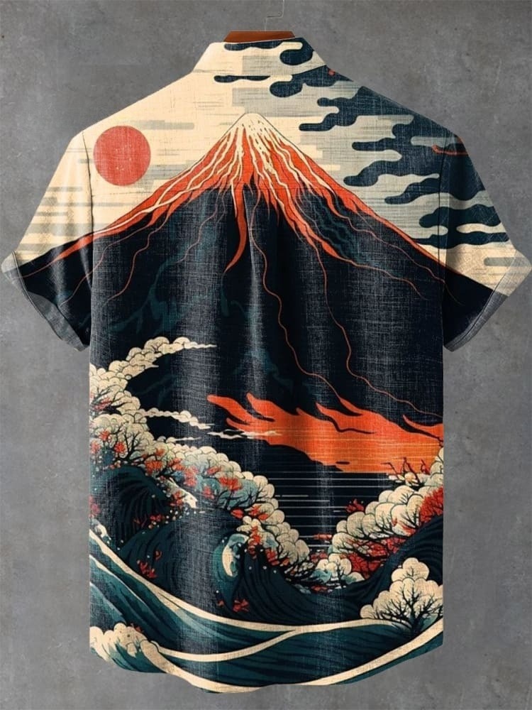 Vintage Japan Ukiyo-e Mount Fuji Art Print Casual Shirt