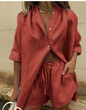 Solid Color Single-Breasted Short-Sleeve Shirt Two-Piece Set: Wide-Leg Pants & Lace-Up Shorts