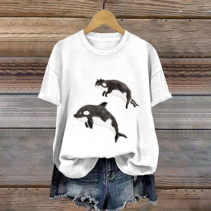 Cotton Cute Cow Cat Imitating Killer Whale Print T-shirt