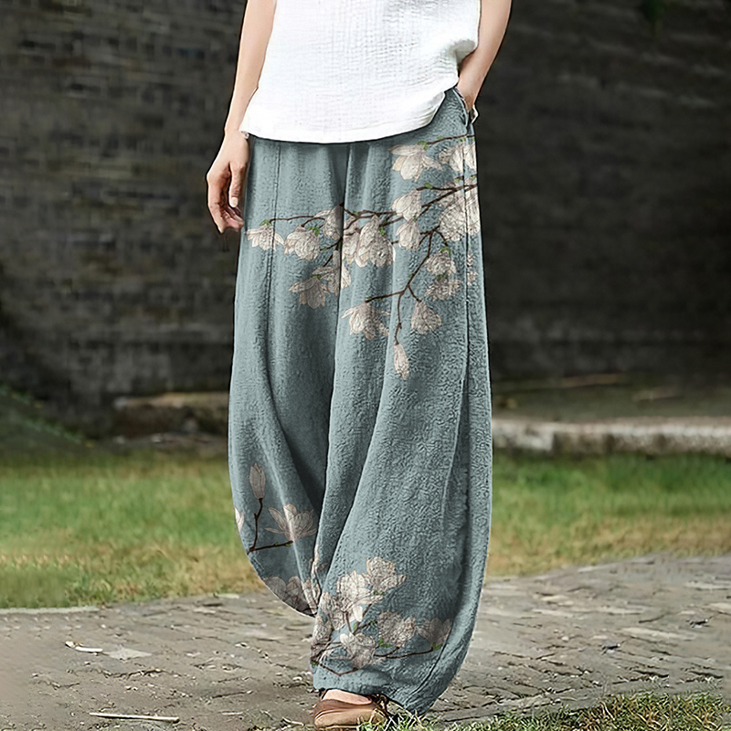 Women's Japanese Art Floral Pocket Loose Casual Pants