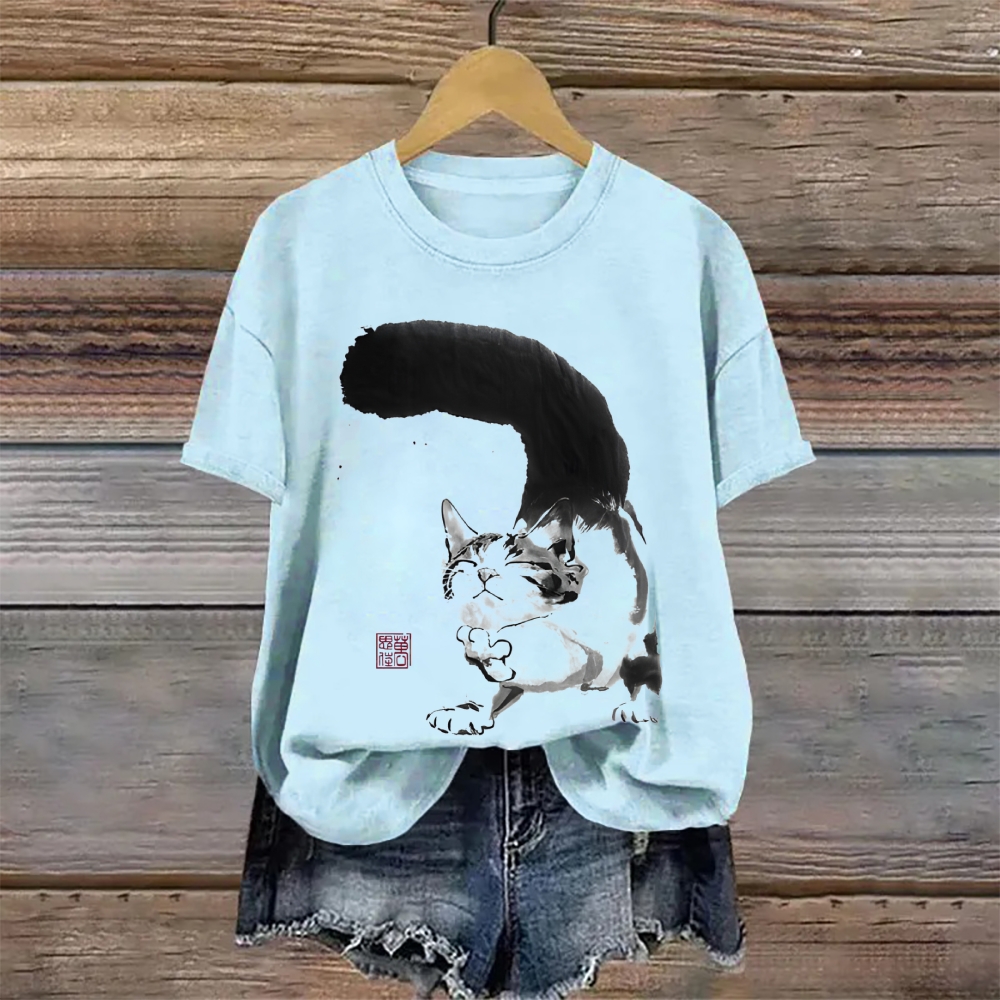Cotton Contented Cat Ink Art Print T-shirt