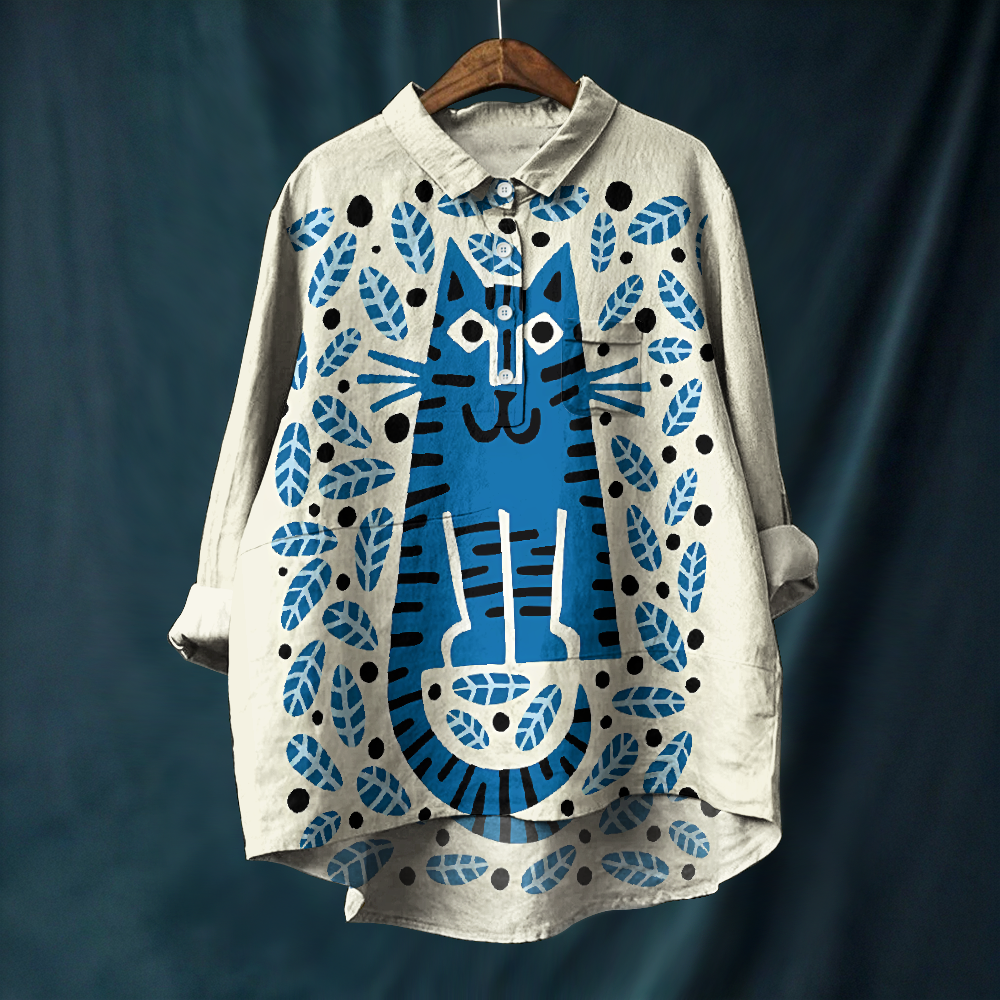 Women's Cat Graffiti Printed Casual Long Sleeve Shirt