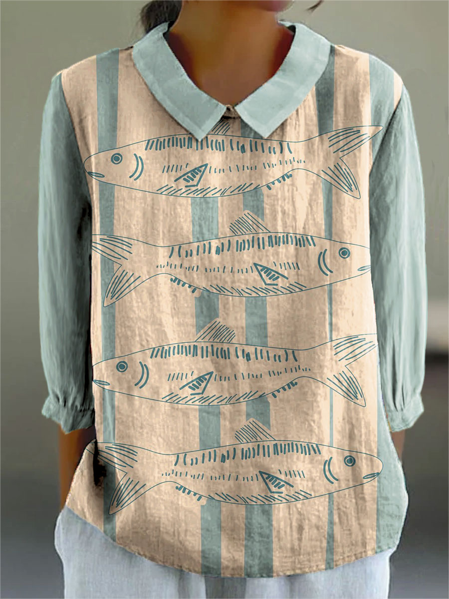 Women's Vintage Fish Art Print Casual 3/4 Sleeve Shirt
