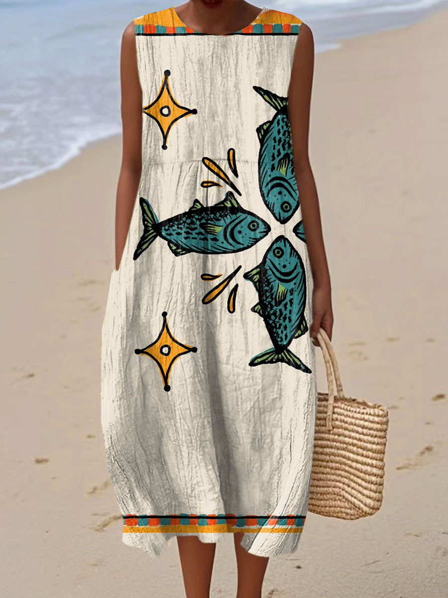 Women's Fish Vintage Art Print Sleeveless Cotton Pocket Wrap Dress