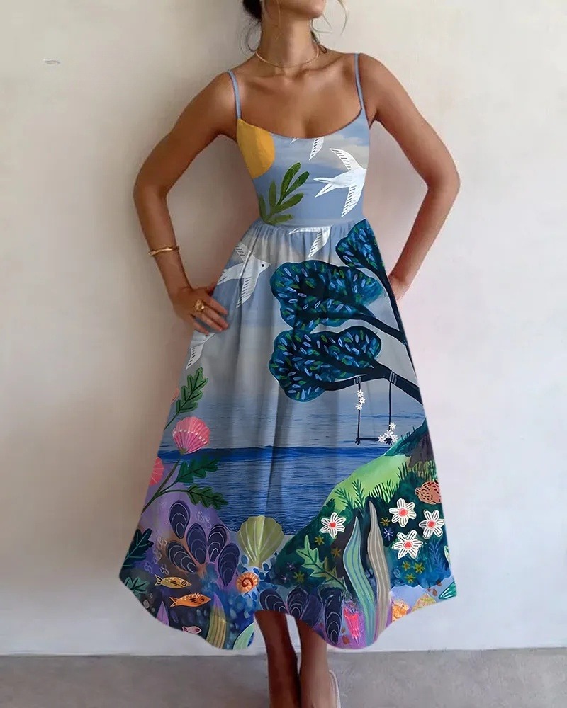 Seaside Scenery Printed Sling Dress