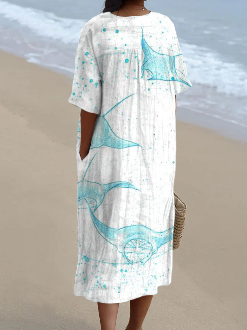Ocean Manta Ray Loose V-neck Midi Dress