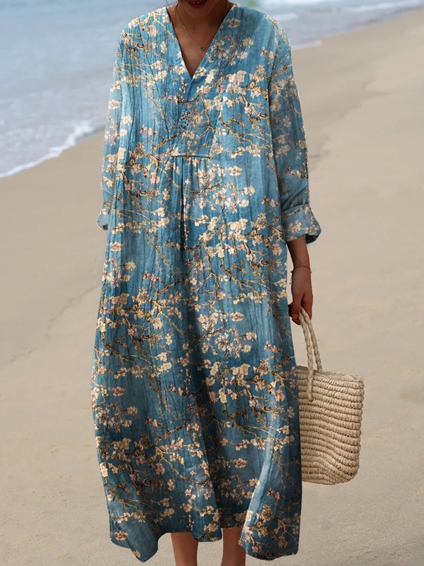 Women's Vintage White Flowers Watercolor Splash Fluid Art Print Flowy Dress