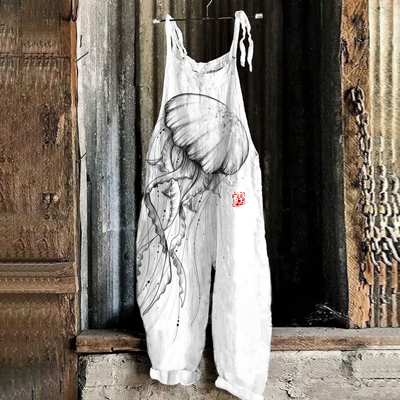 Vintage Japanese Art Ocean Jellyfish Printed Casual Jumpsuit