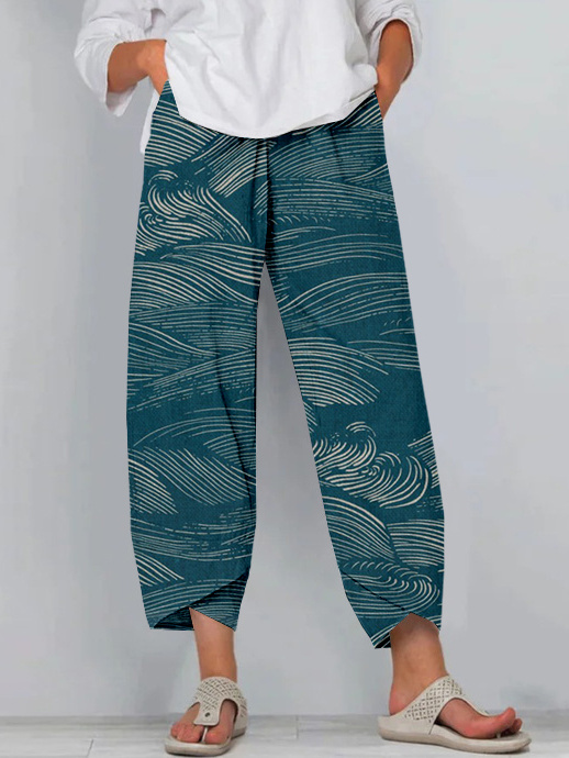 The Water Pattern Linen Blend Cropped Casual Pants
