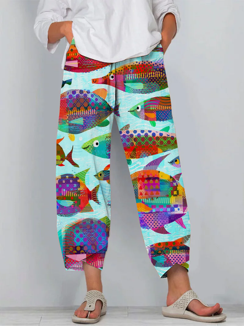 Casual Ocean Fish Art Print Cropped Pants