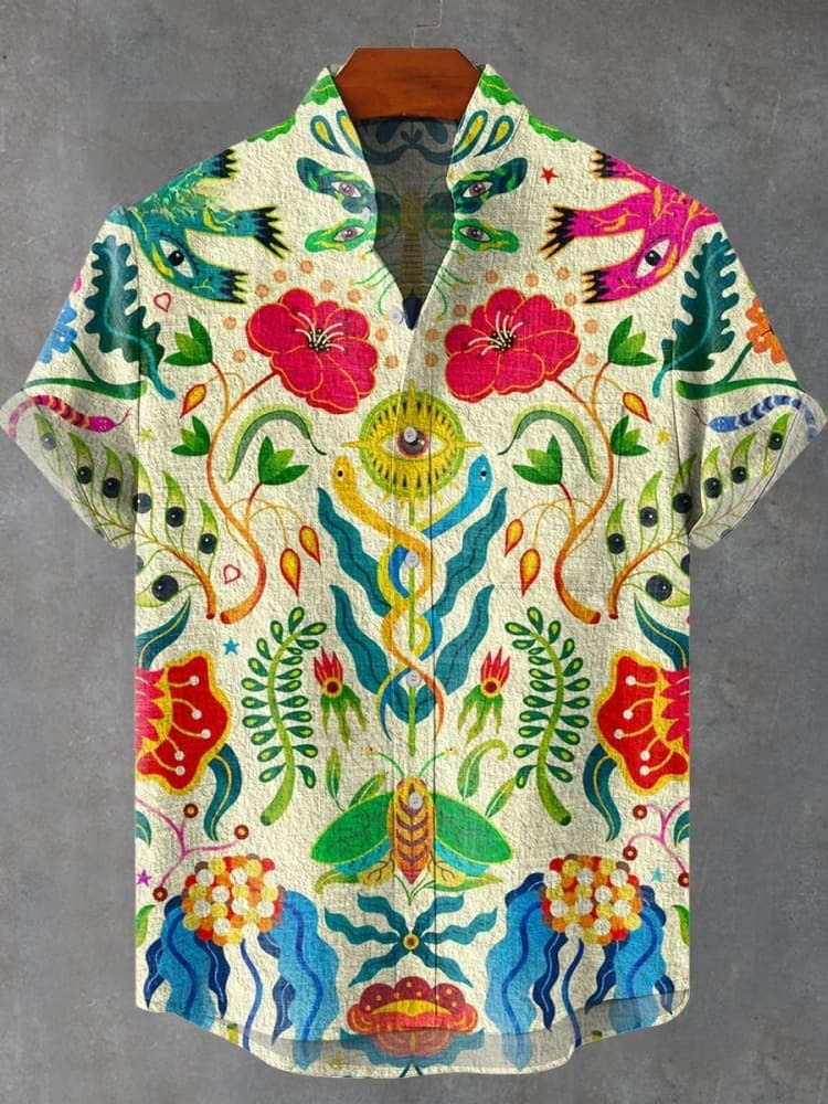 Vintage Illustration Eyes Floral Art Print Casual Shirt