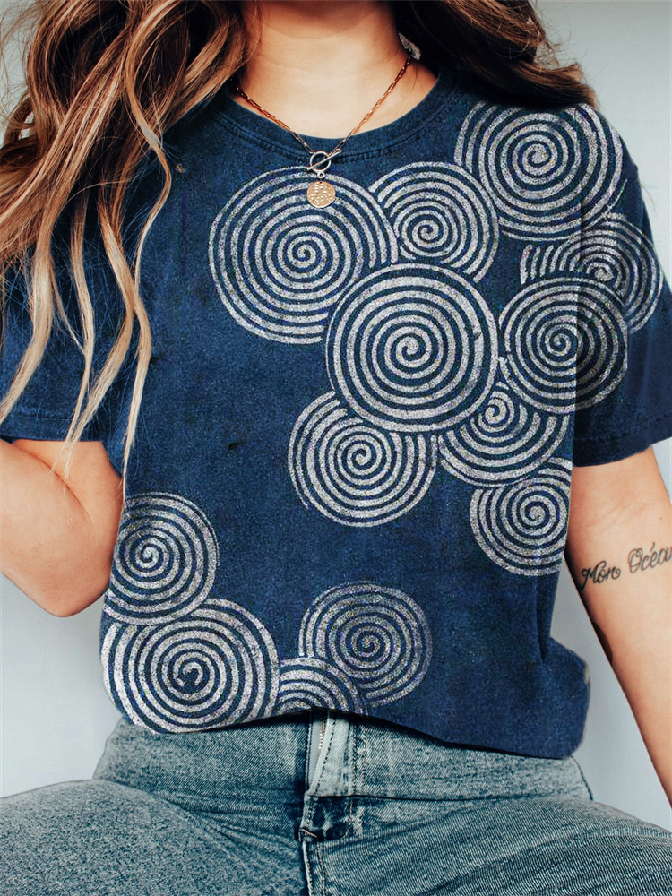 Simple Sea Waves Japanese Lino Art Vintage T Shirt