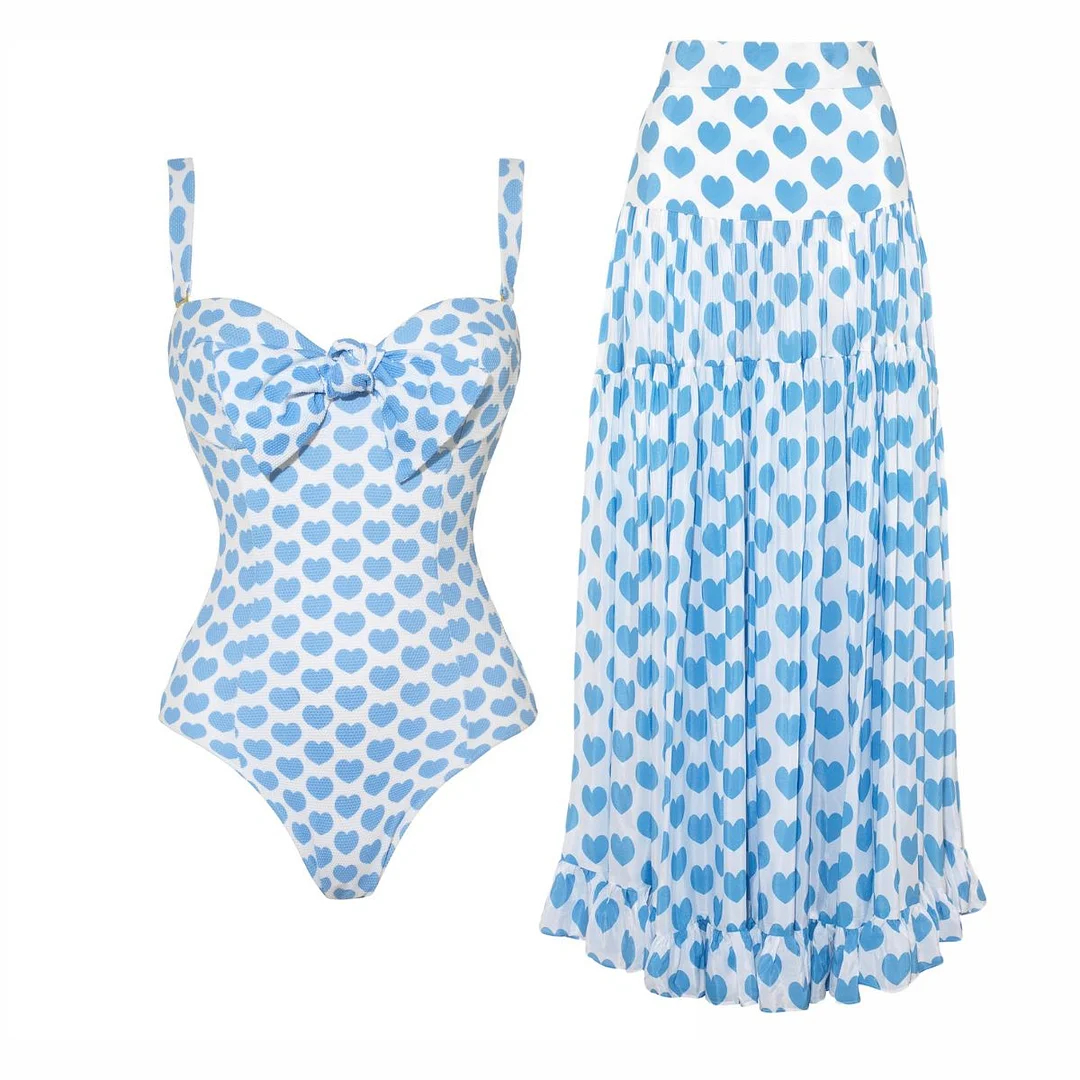Bowknot Heart Print One Piece Swimsuit/Skirt/Kimono