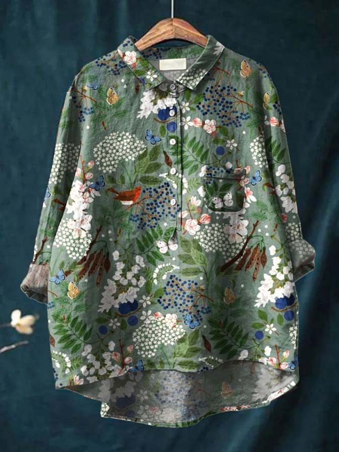 Women's Floral Art Print Casual Cotton And Linen Shirt