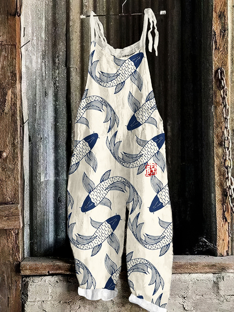 Vintage Japanese Art Koi Carp Printed Casual Jumpsuit