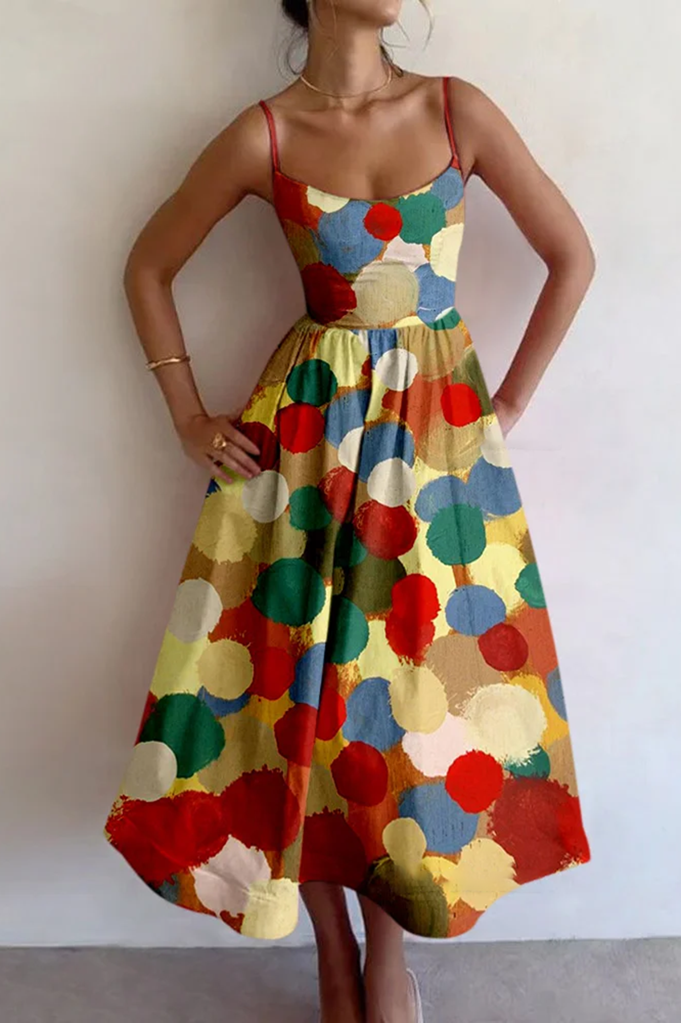 Colorful Oil Painting Polka Dot Printed Dress