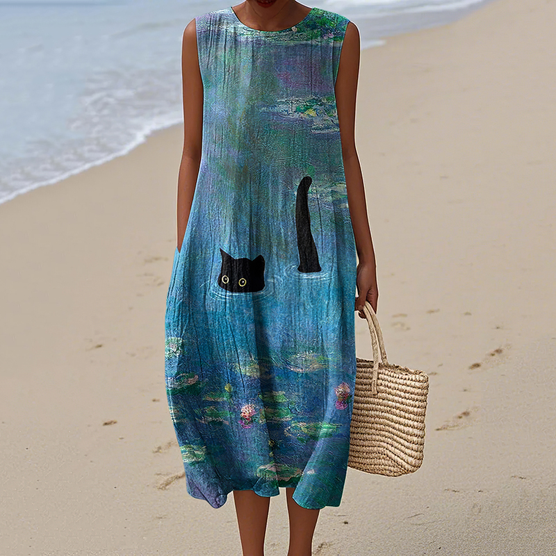 Women's Retro Cute Cat Art Print Sleeveless Dress