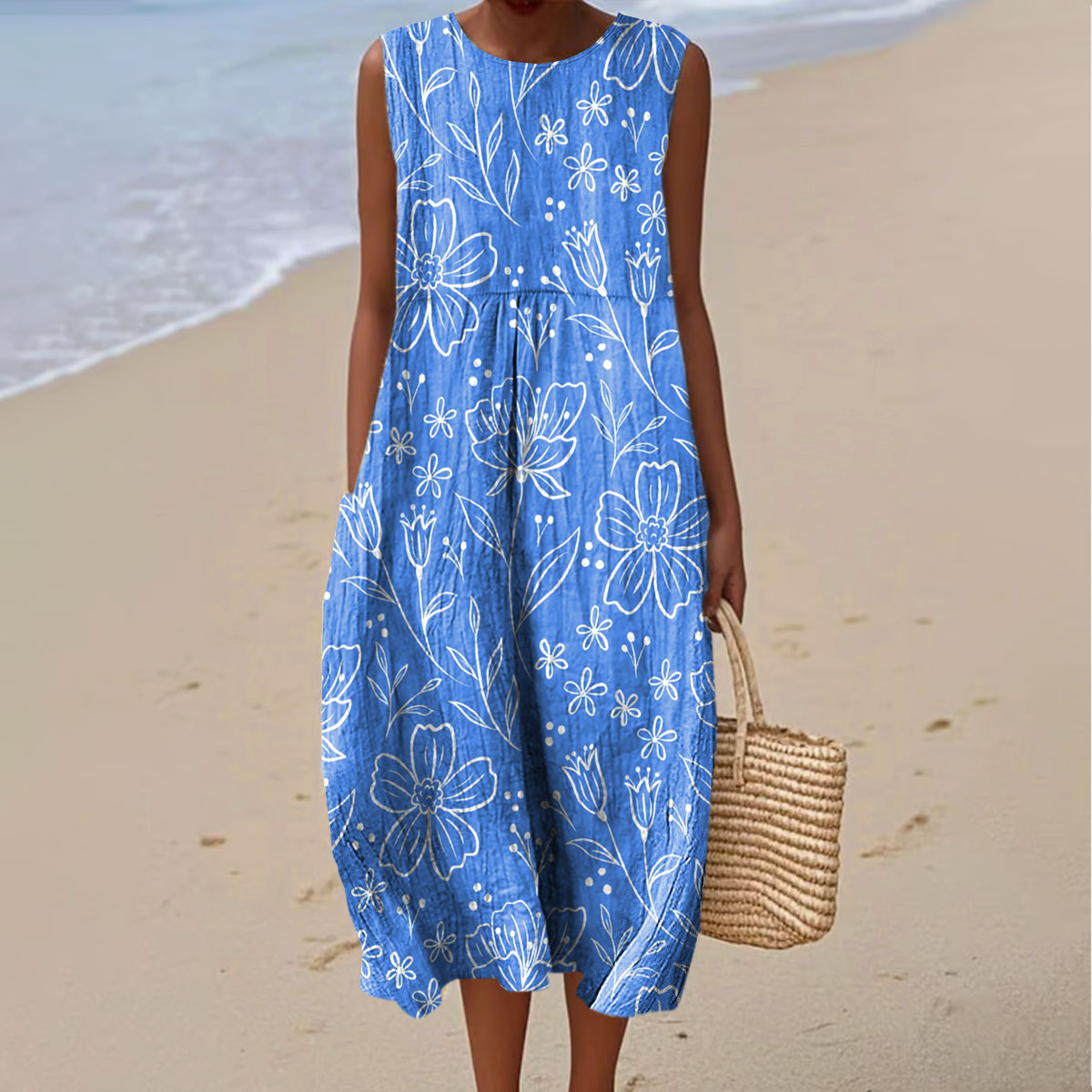 Women's Vintage Flower Art Print Sleeveless Cotton Pocket Wrap Dress