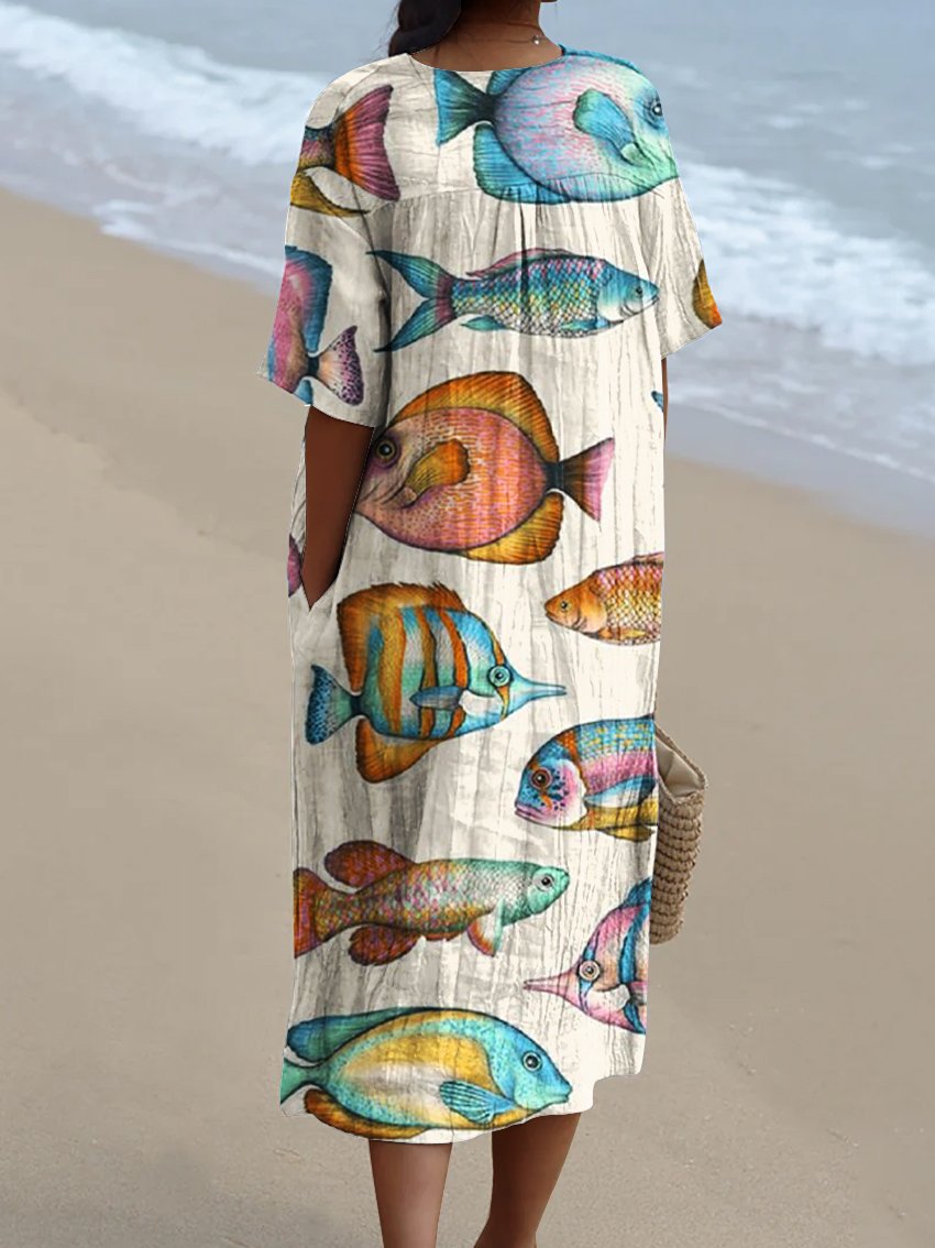 Women's Fish of Various Colors Watercolor Splash Fluid Art Print Flowy Dress