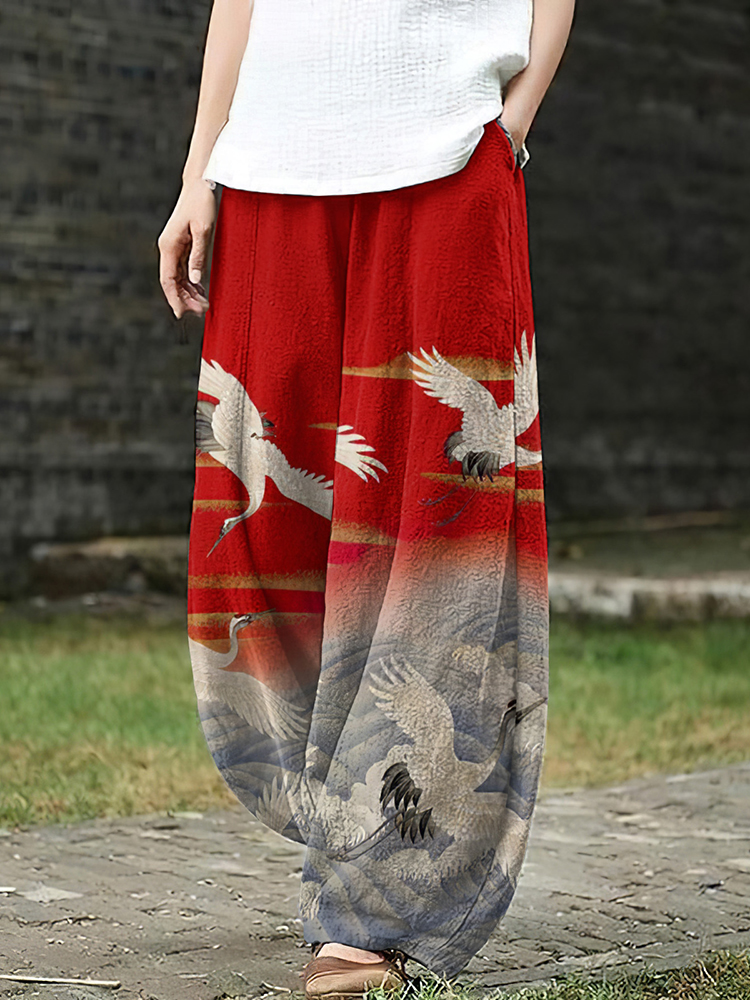 Women's Crane Art Ink And Wash Loose Casual Pants