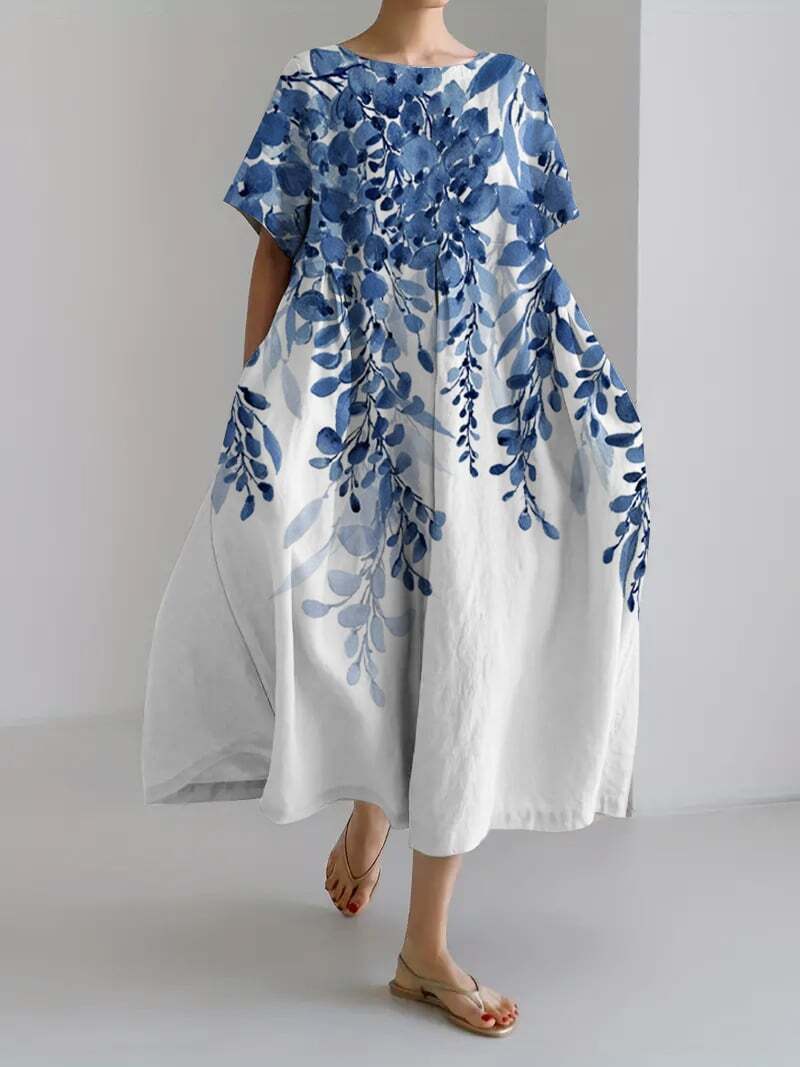 Ladies retro ink painting design printed casual loose dress