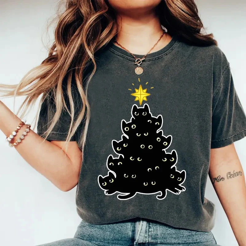   Black Cat Christmas Tree Washed T-Shirt