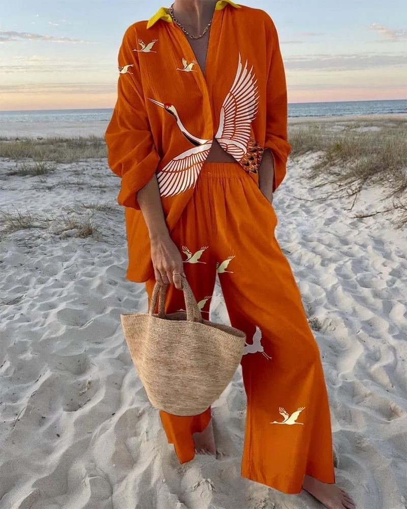 Free Crane Print Two-Piece Set
