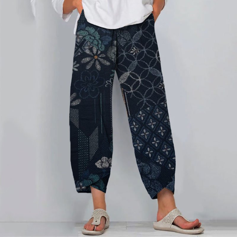 Vintage Japanese Indigo Blooming Traditional Sashiko Patchwork Art Cropped Casual Pants