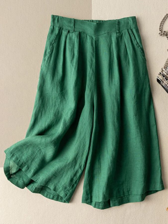 Cotton Thin Half Elastic Cropped Wide Leg Trousers