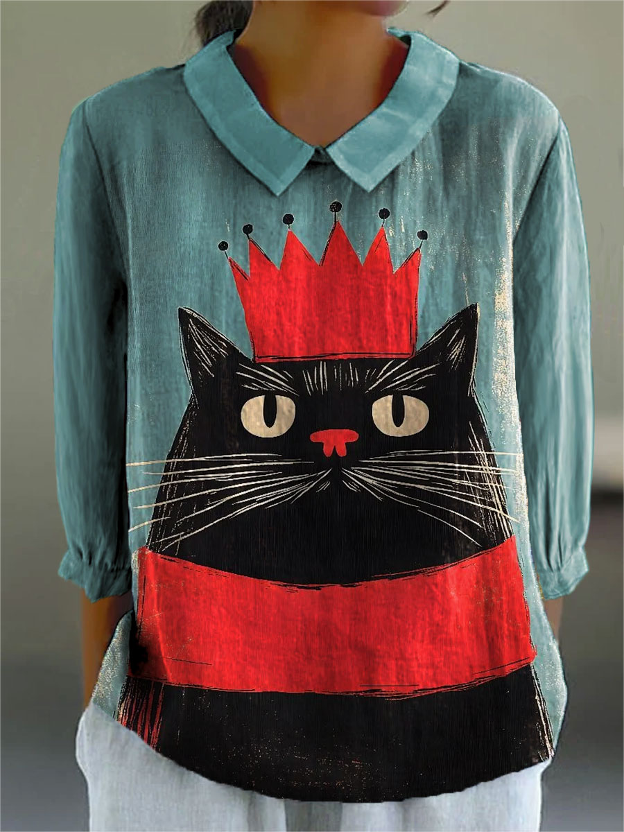 Women's Fashion Colorblock Cat Art Print Casual 3/4 Sleeve Shirt