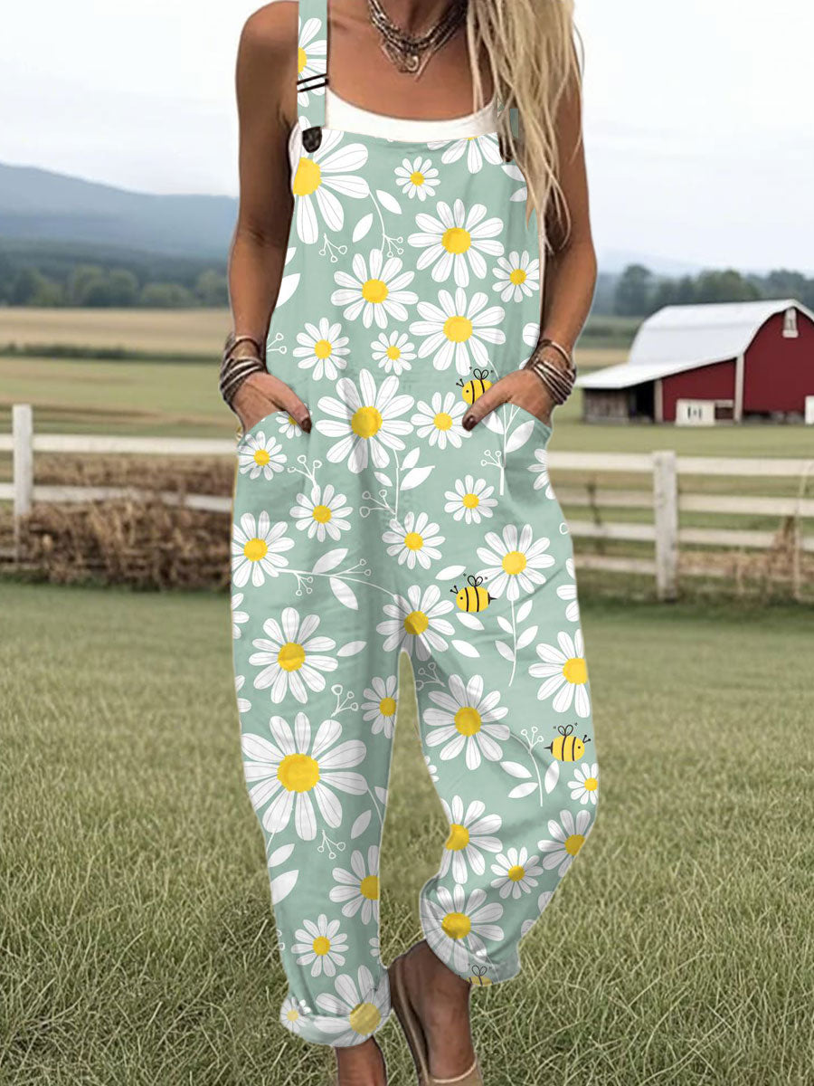 Women's  Bee Vintage  Flowers Art  Print Casual 100% Cotton Wide Leg Jumpsuit