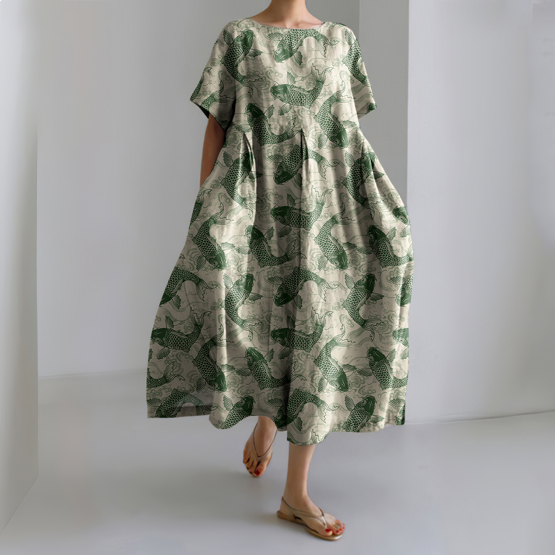 Japanese Fish Art Linen Blend Casual Dress