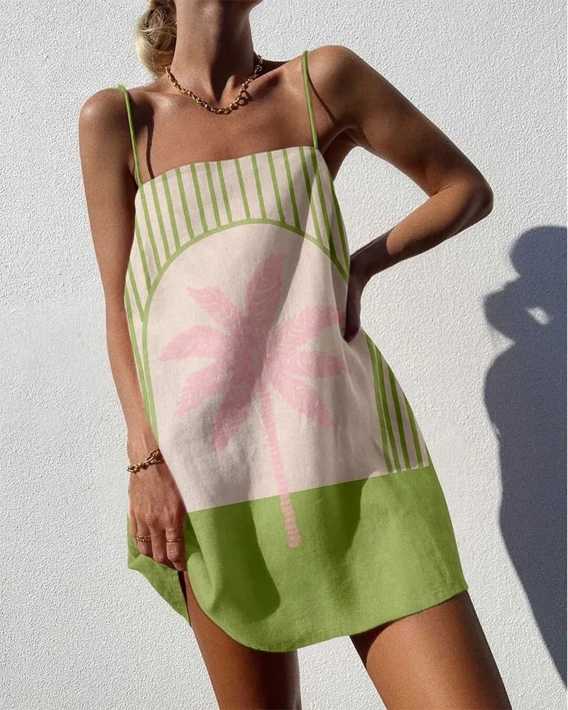 Fresh Coconut Tree Print Sling Mini Dress