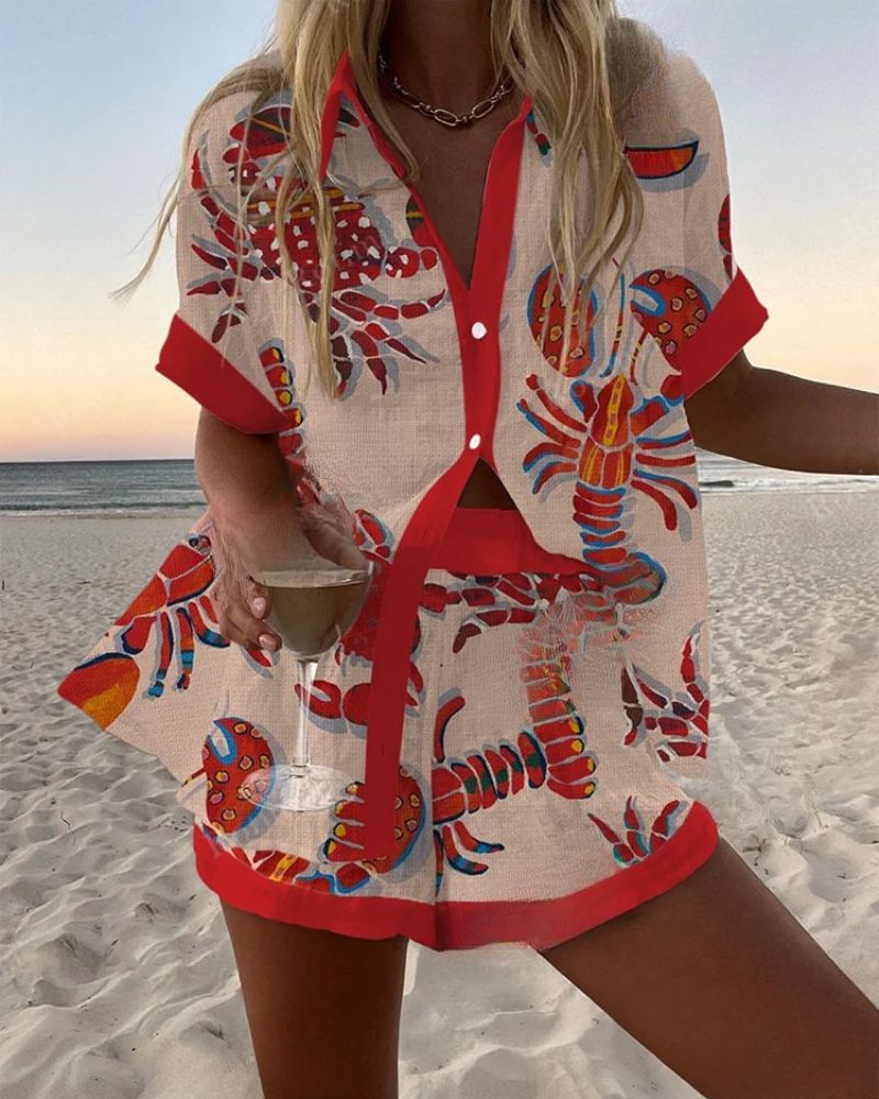 Crab Lobster Print Shirt & Shorts Two-Piece Set